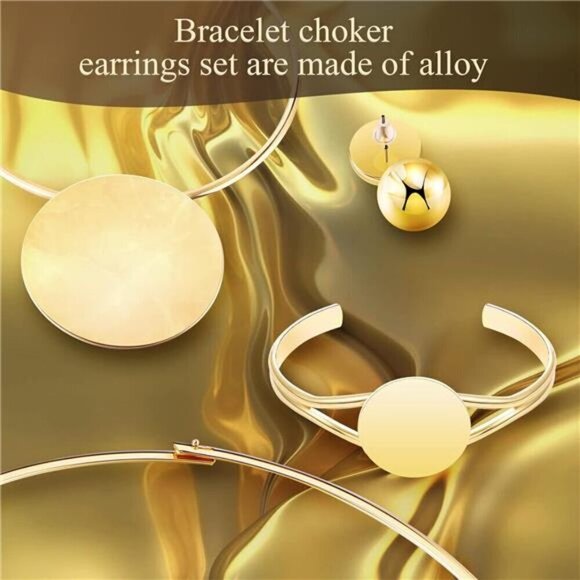 3 Pcs Jewelry Set Gold Choker Earrings Bracelet Statement Necklace - Picture 3 of 8